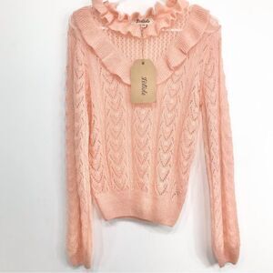 Listicle Pale Pink Ruffle Yoke Feminine Romantic Open Knit Pullover Sweater NEW